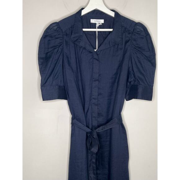 Frame Gillian Puff Sleeve Tie Waist Shirt Midi Dress Navy Women's Size XL NWT - Picture 4 of 13
